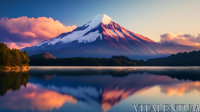 Sunrise crown over mirrored snowpeak and quiet forest lake.
