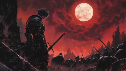 Armored swordsman surveys battlefield under blood-red lunar sky