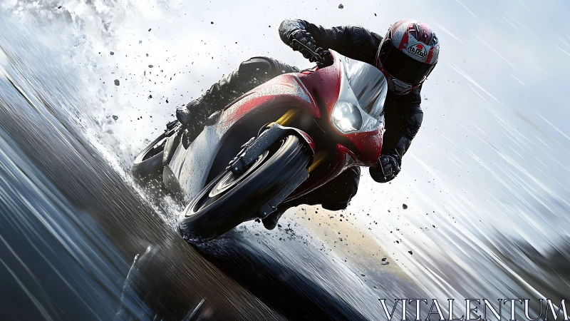 Sport motorcycle powers through rain-soaked reflective track.