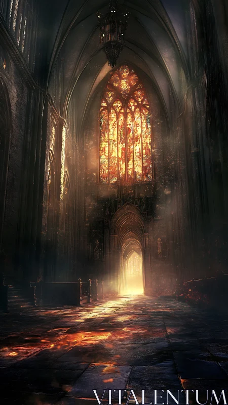 Gothic cathedral interior glows with molten stained glass