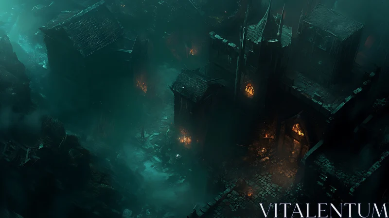 Foggy gothic alleyway lit by secretive amber windows.