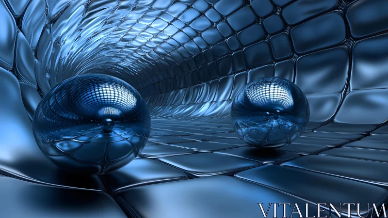 Chrome orbs drift through a liquid lattice of blue light.