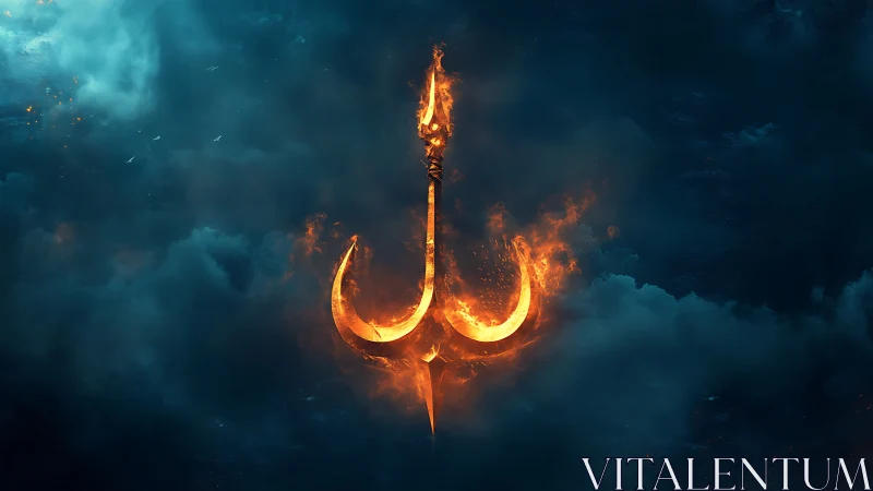 Fiery trident hook symbol burning in dark storm clouds