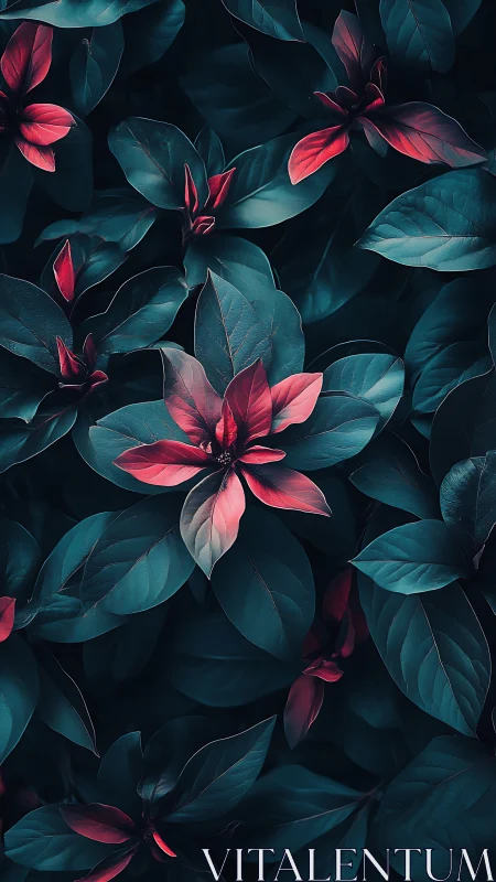 Crimson petals bloom against moody teal foliage.