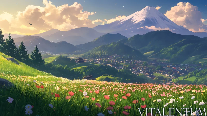 Sunlit wildflower hill overlooking a peaceful mountain village.