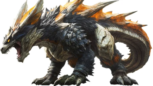 Armored dragon roars with blazing spines and jagged scales.