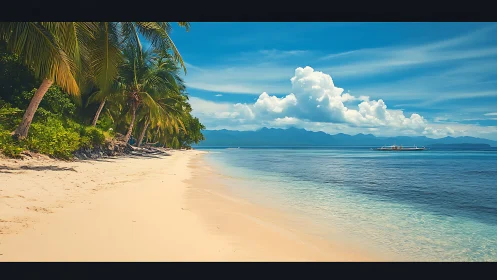 Tropical Coastal Panorama with Palm Fronds, Turquoise Waters, and Mountain Silhouette.