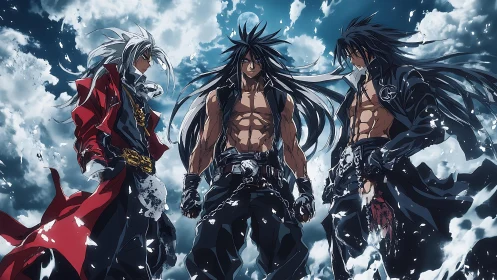 Stormborn warriors under a shattered heaven of drifting steel clouds.