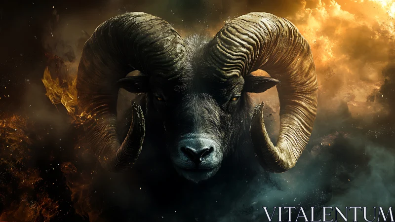 Majestic ram portrait rendered in high-contrast digital realism