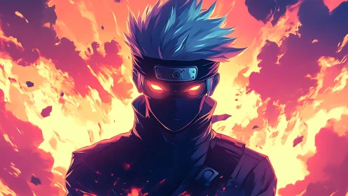 Masked anime warrior amid blazing inferno backdrop.