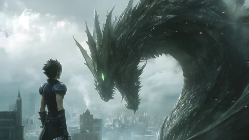 Armored warrior facing luminous-eyed dragon over mist city