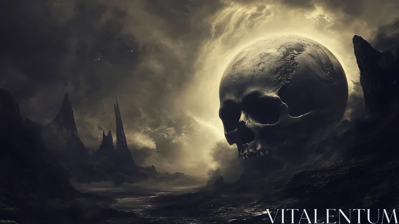 Planet-sized skull looms over a stormy alien wasteland.