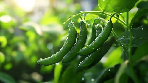Fresh green pea pods hang under dewy leaves in soft sunlight