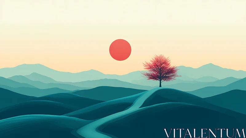 Solitary pink tree welcomes sunrise over rolling teal hills