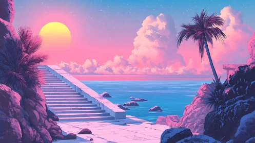 Neon sunset seascape with marble steps and palms.