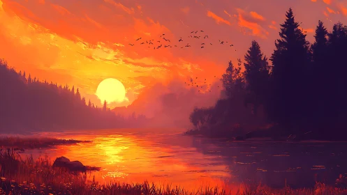 Emberriver sunset symphony over whispering pine silhouettes.