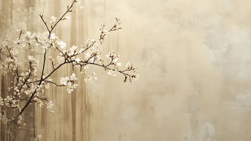 Soft blossoms reaching across a calm, misty canvas wall.