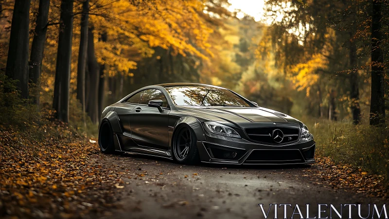 Low-slung silver predator prowls a golden autumn forest road