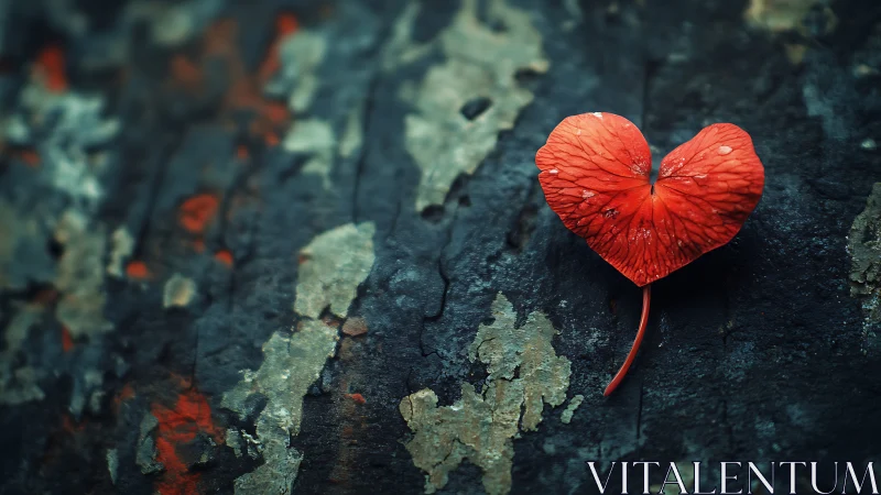 Heart-Shaped Leaf Resting on Textured Moss-Covered Stone.