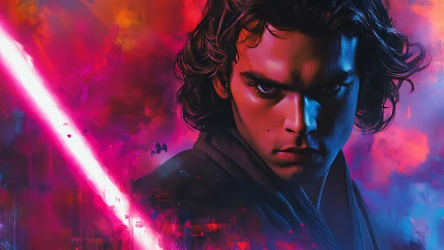 Brooding space duelist in neon storm of pink and blue fire.