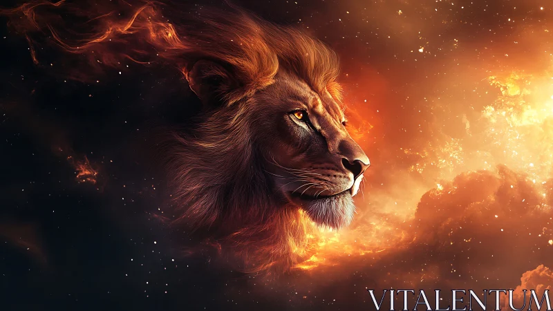 Lion head integrated into cosmic nebula field in profile view.