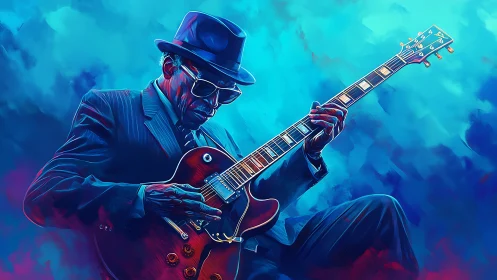 Electric guitarist in suit and hat against blue abstract field.