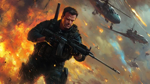 Heroic lone soldier racing through a storm of fire and steel.
