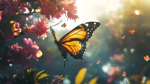 Monarch butterfly in luminous bokeh-saturated floral flight field.