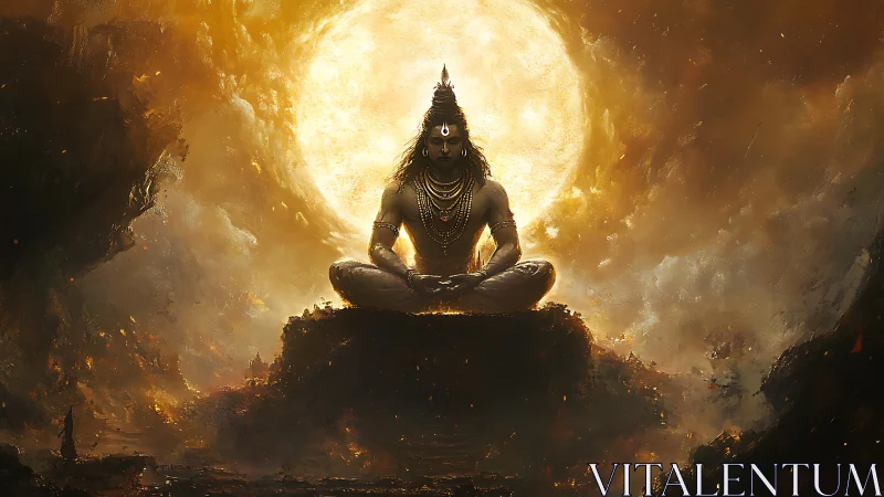 Divine yogic figure meditating before radiant celestial sun.