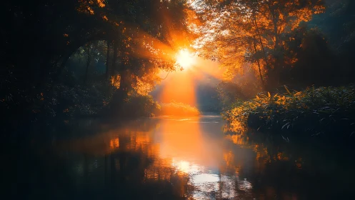 Golden sunrise pierces misty forest river with radiant beams