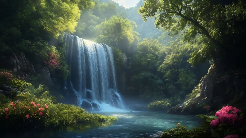 Lush forest waterfall flowing into calm turquoise pool.