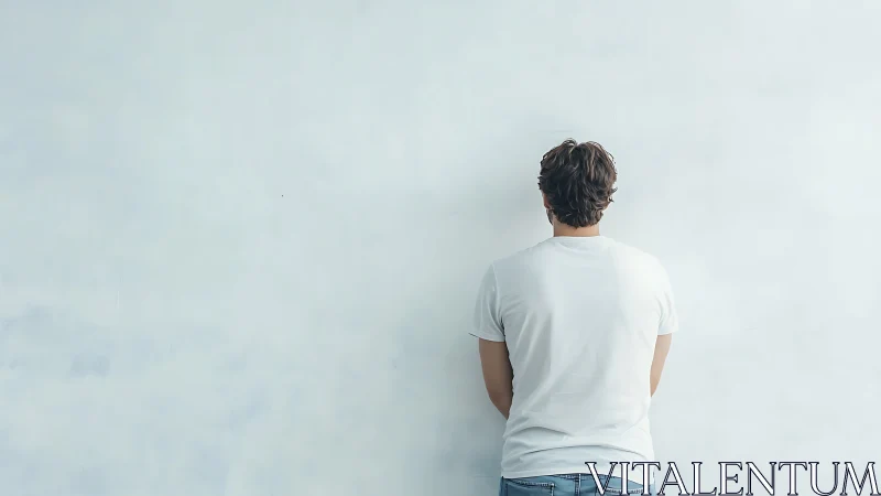 Quiet moment alone with thoughts against a soft pale wall.