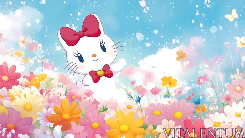 Cheerful kitty waves hello in a dreamy meadow of flowers