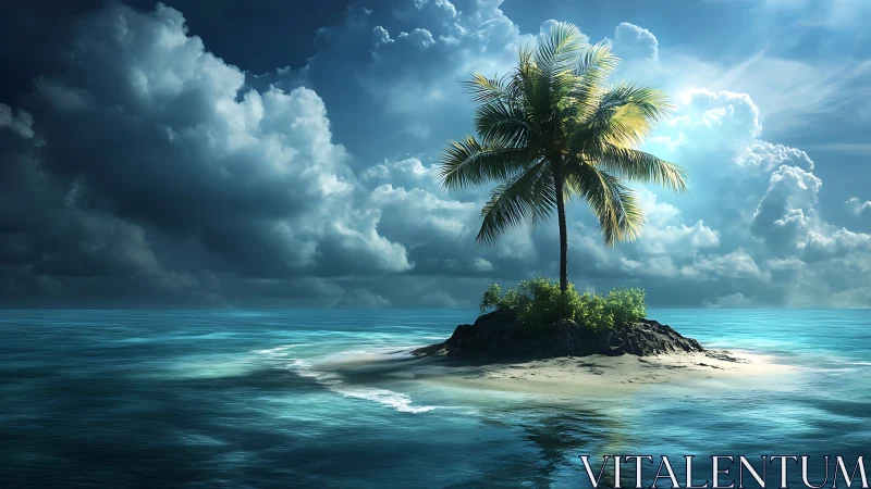 Solitary Palm Island: Tropical Oasis Digital Composition.