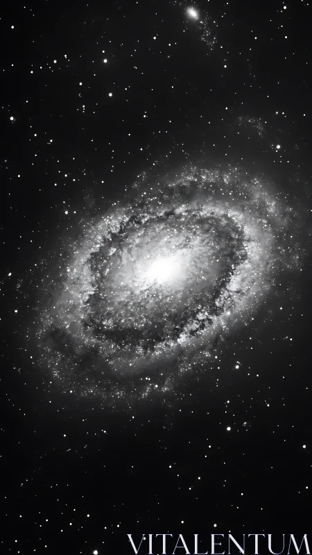 Monochrome spiral galaxy core with dense stellar halo field.