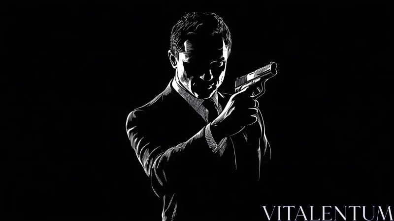 Sharp monochrome agent pointing handgun in darkness.