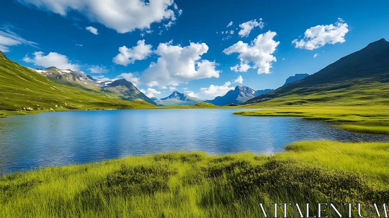 Pristine alpine lake reflects verdant slopes under high-contrast sky