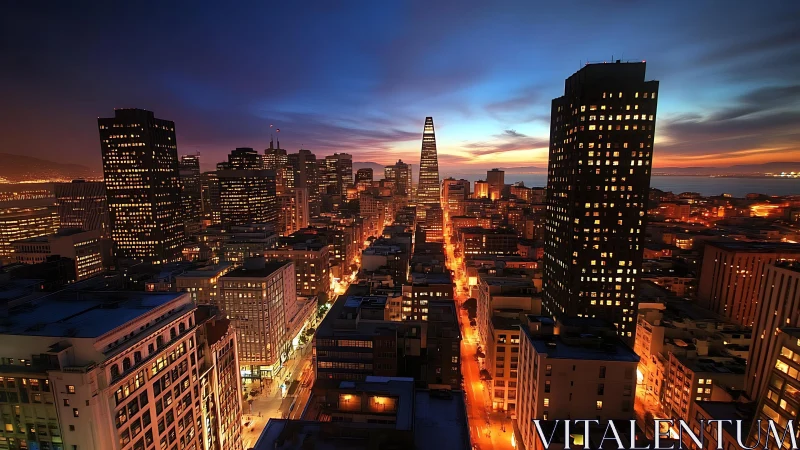 Downtown skyline glows under vivid sunset sky panorama.