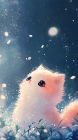Ethereal White Kitten Gazes Upward Through Luminous Cosmic Particles.