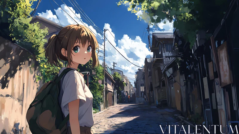 Schoolgirl walks sunlit alley in quiet summer neighborhood