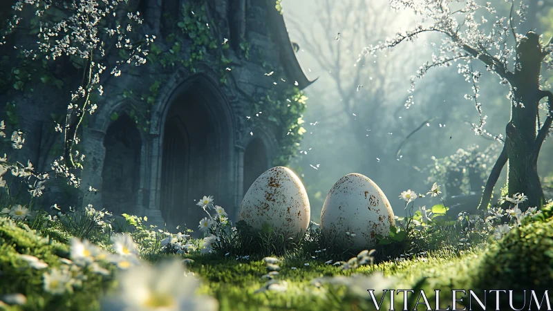 Mystic stone eggs rest in overgrown ruined garden clearing