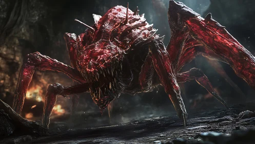 Predatory red exoskeletal creature in dark cavern setting.