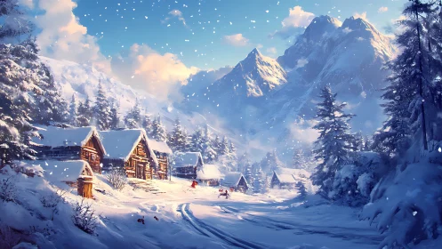 Snowy mountain village glows under crisp winter sunrise.