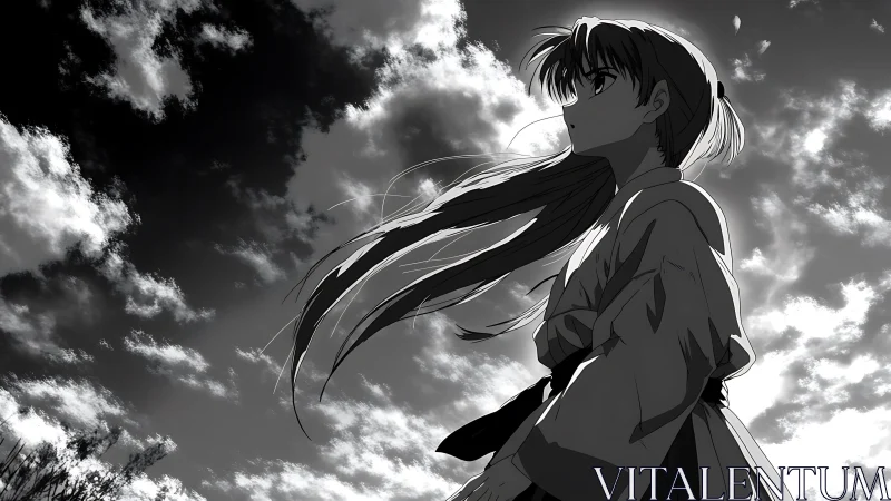 Monochrome anime heroine under high-contrast skyscape study.