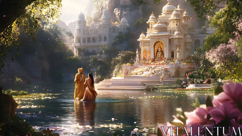 Divine riverside palace gleams as tranquil devotees approach.