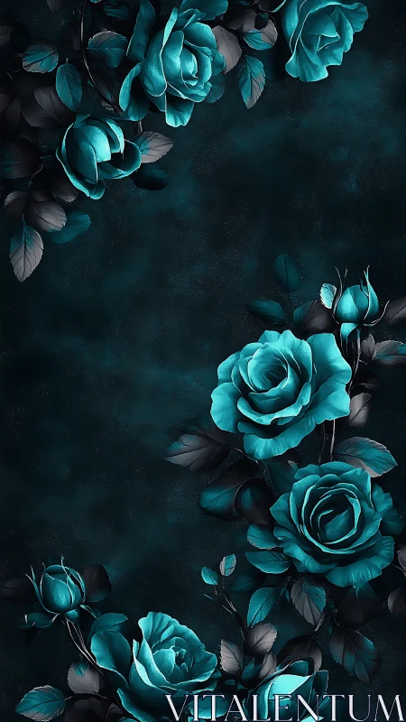 Luminescent Turquoise Rose Botanical Study on Textured Noir Ground.
