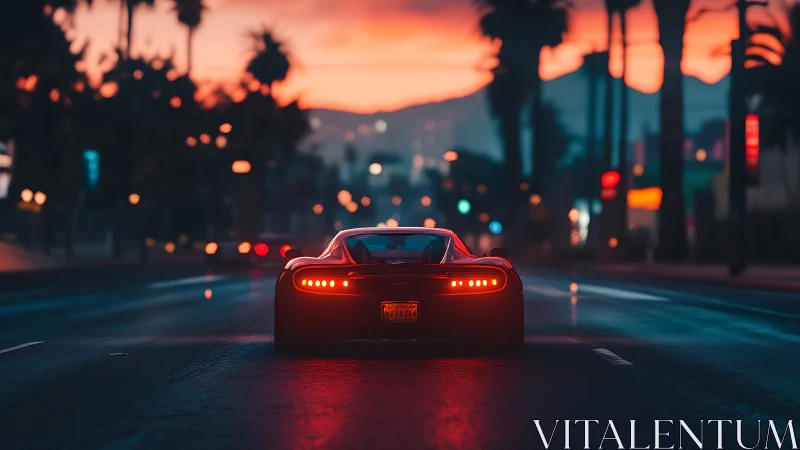 Sleek sports car on palm lined boulevard at sunset.