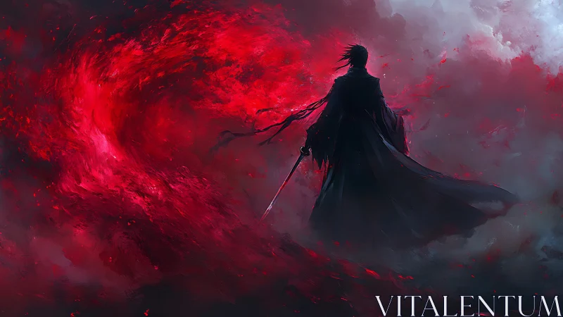 Solitary swordsman commands a vortex of red astral energy