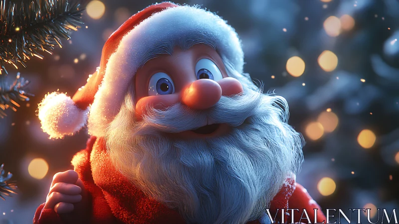 Jolly cartoon Santa glows in twinkling winter starlight.