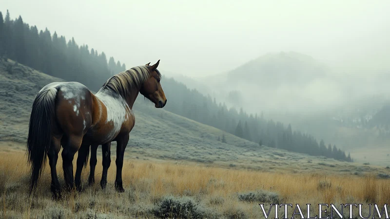 Photorealistic bay horse in misty mountain valley composition.